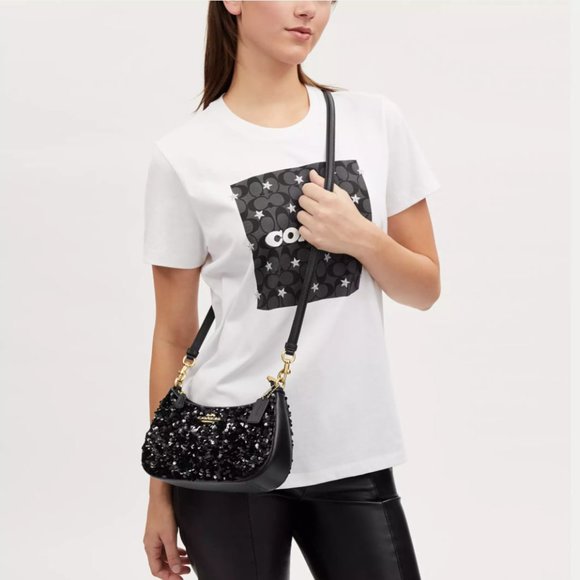 COACH CO951 Teri Shoulder Bag In Sequins And Smooth Leather Gold/Black - Picture 5 of 15